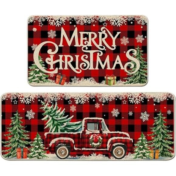 Set of 2 Christmas Kitchen‎ Mats, Red Truck Buffalo Plaid, Farmhouse Decor - Picture 8 of 8